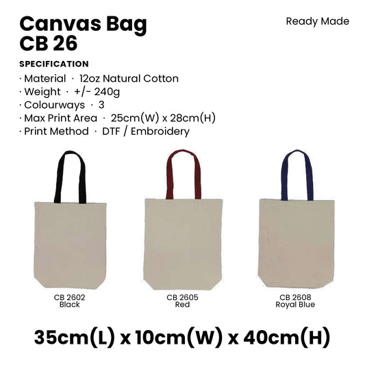 Canvas Bags - 12oz Cotton Canvas Tote Bag (portrait) | CB26 | Specification and colour range | Artiztee