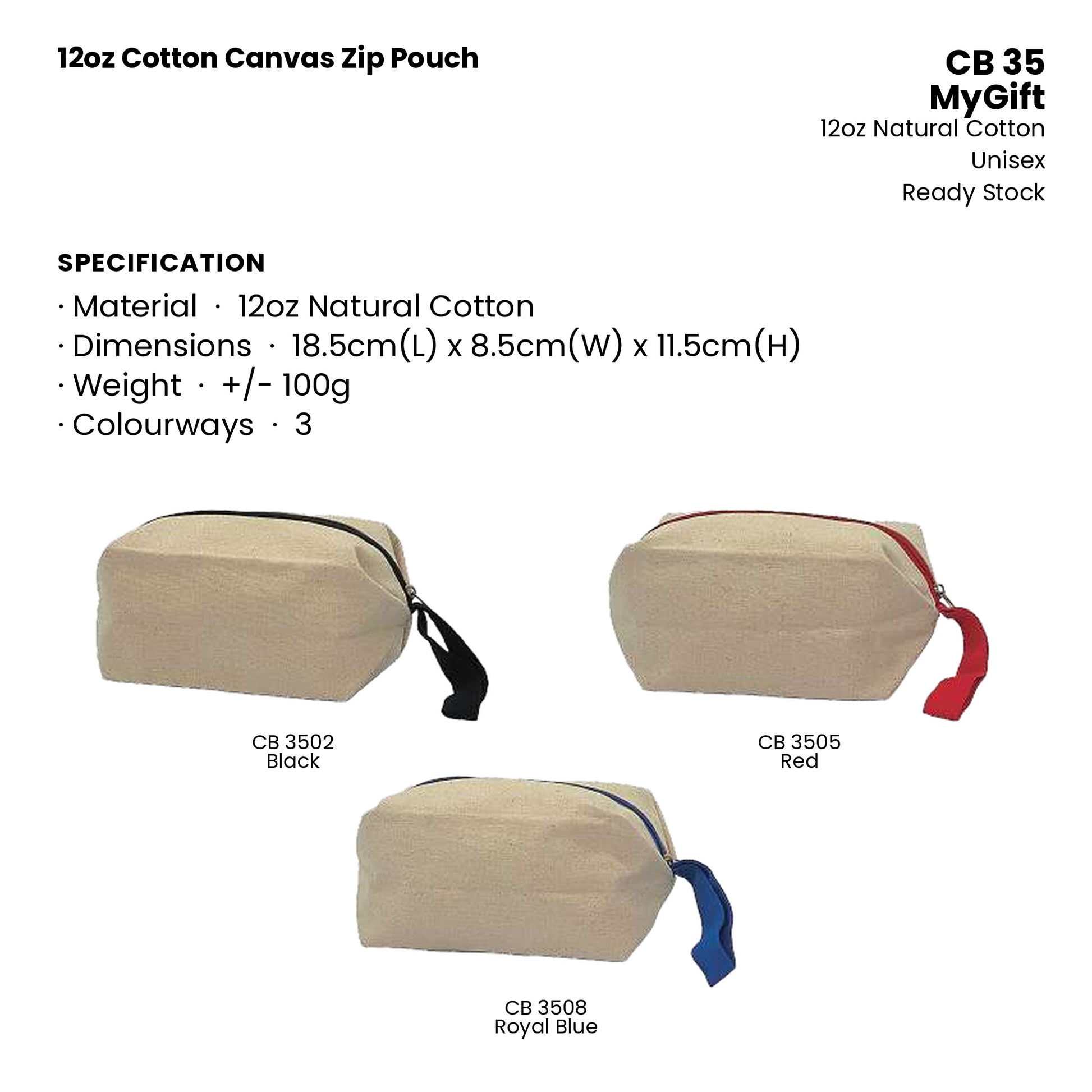 Canvas Bags - 12oz Cotton Canvas Zip Pouch | CB35 | Specification and colour range | Artiztee