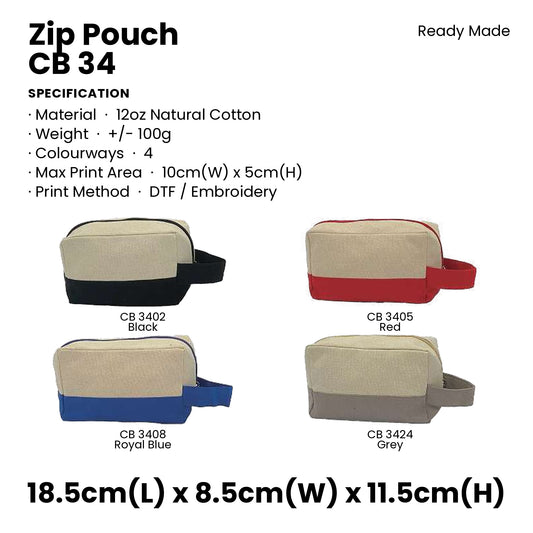 Canvas Bags - 12oz Cotton Canvas Zip Pouch with Side Handle | CB34 | Specification and colour range | Artiztee
