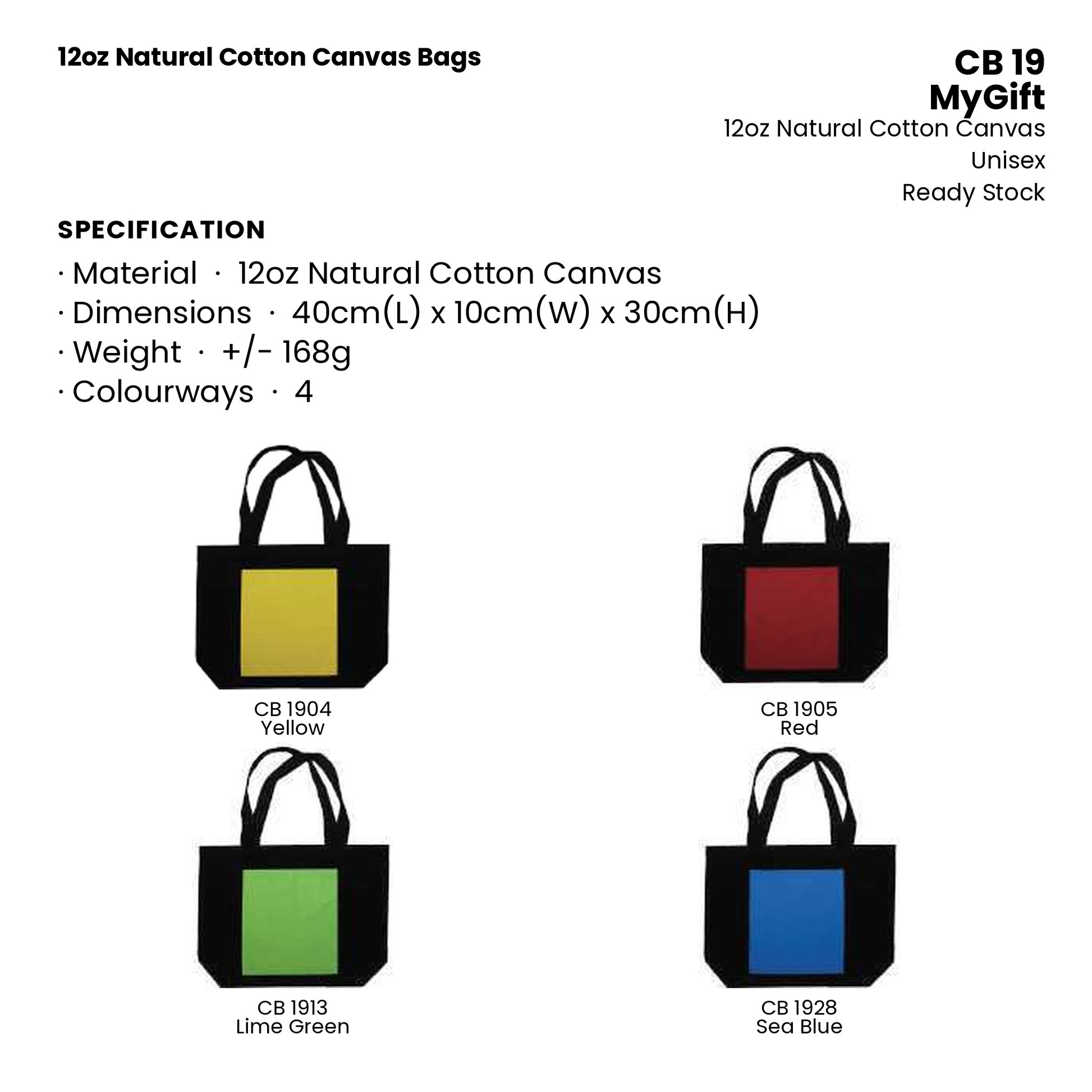 Canvas Bags - 12oz Natural Cotton Canvas Bags | CB19 | Specification and colour range | Artiztee