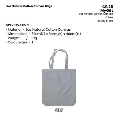 Canvas Bags - 5oz Natural Cotton Canvas Bags | CB25 | Specification and colour range | Artiztee