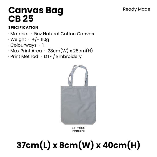 Canvas Bags - 5oz Natural Cotton Canvas Bags | CB25 | Specification and colour range | Artiztee