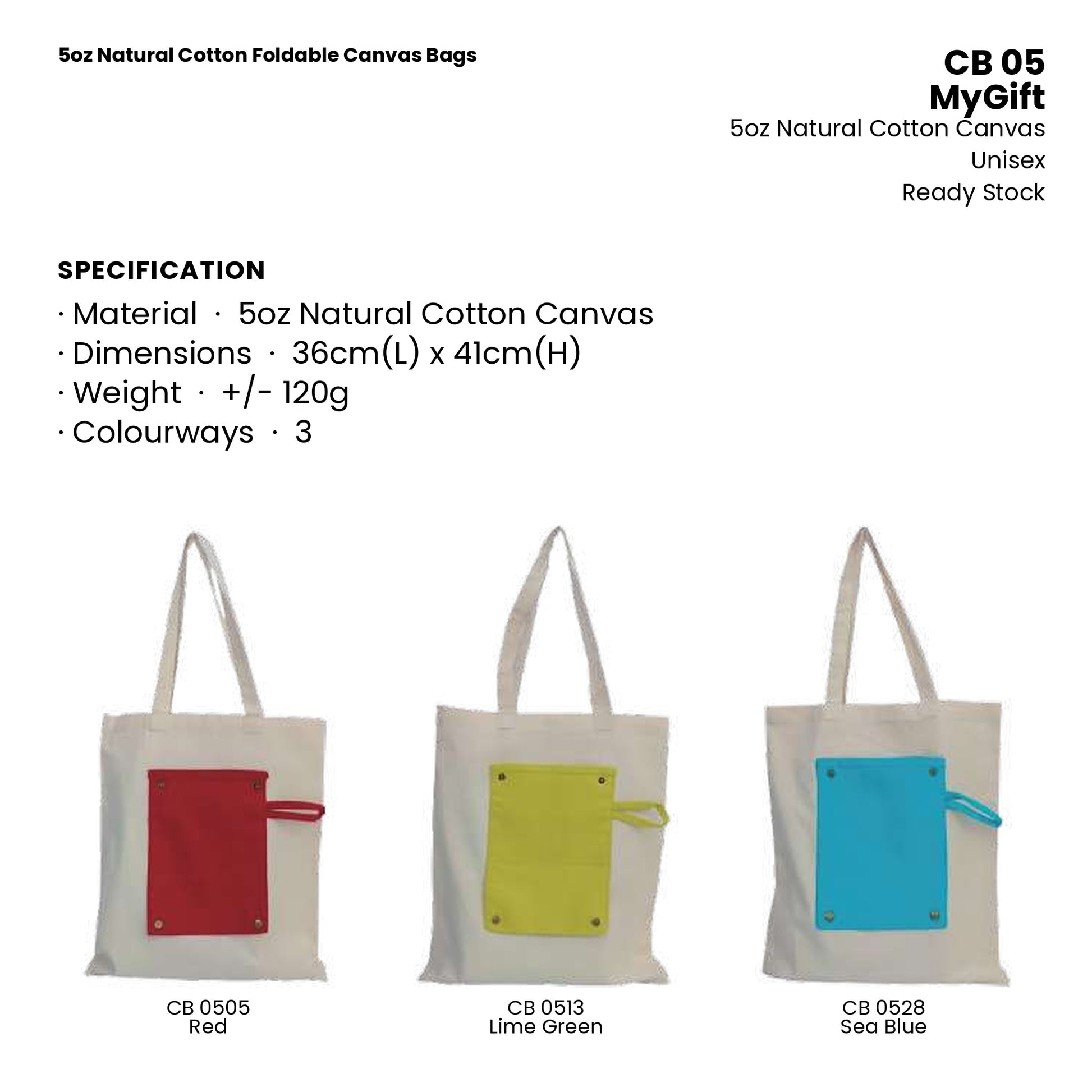 Canvas Bags - 5oz Natural Cotton Foldable Canvas Bags | CB05 | Specification and colour range | Artiztee