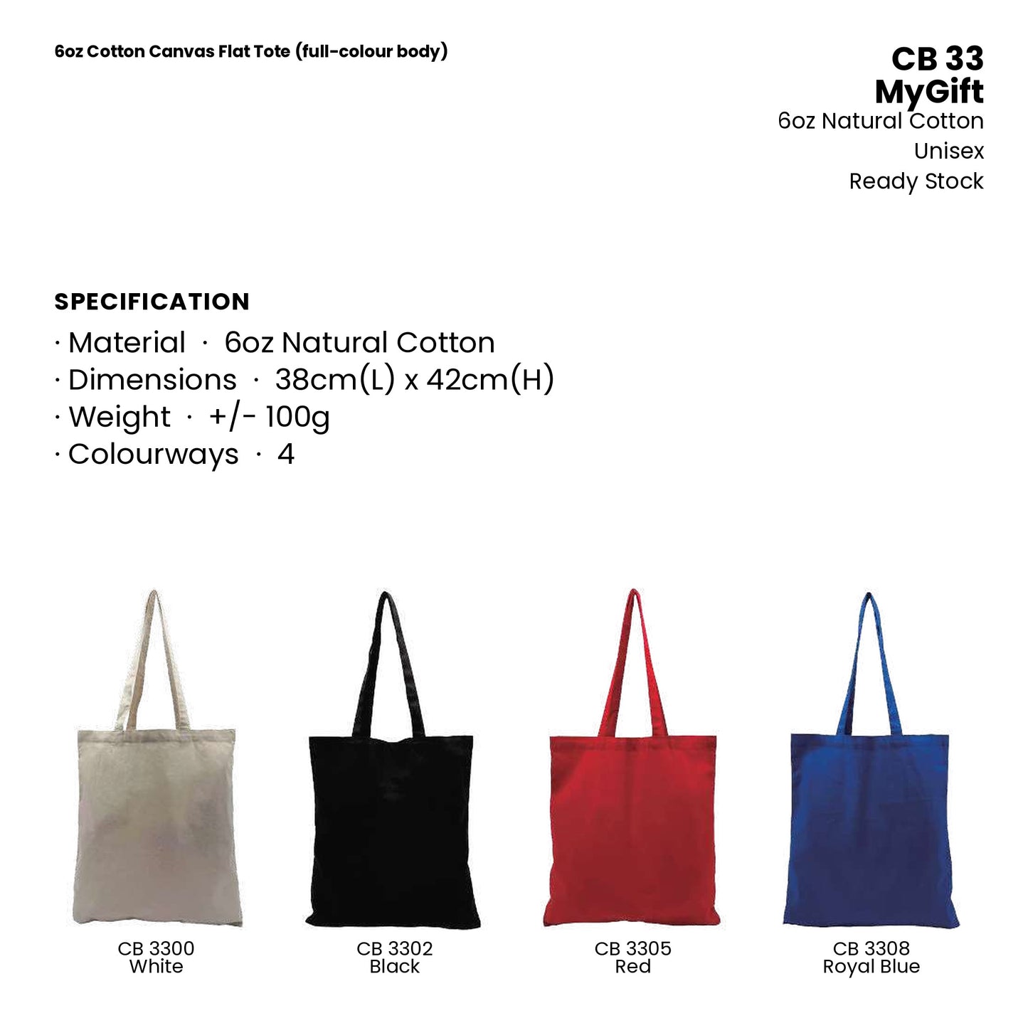 Canvas Bags - 6oz Cotton Canvas Flat Tote (full-colour body) | CB33 | Specification and colour range | Artiztee