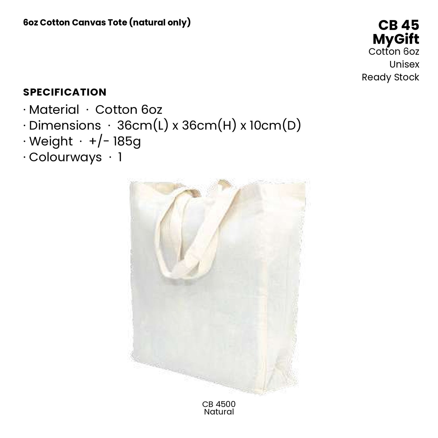 Canvas Bags - 6oz Cotton Canvas Tote (natural only) | CB45 | Specification and colour range | Artiztee