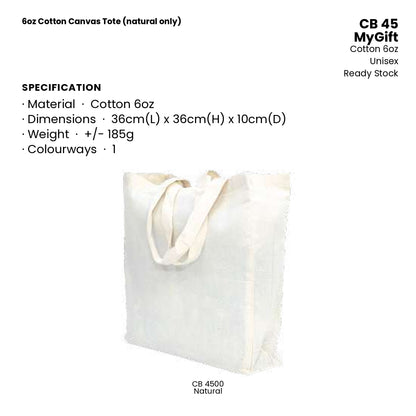 Canvas Bags - 6oz Cotton Canvas Tote (natural only) | CB45 | Specification and colour range | Artiztee