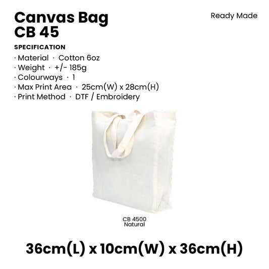 Canvas Bags - 6oz Cotton Canvas Tote (natural only) | CB45 | Specification and colour range | Artiztee