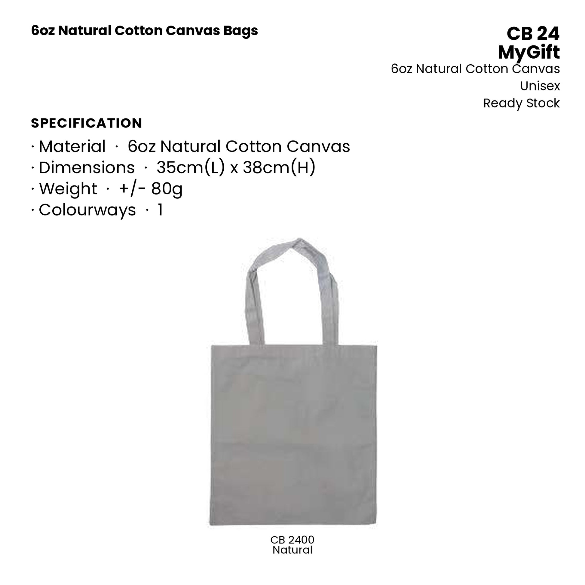Canvas Bags - 6oz Natural Cotton Canvas Bags | CB24 | Specification and colour range | Artiztee