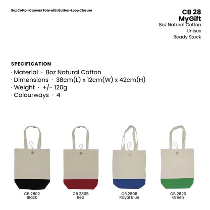 Canvas Bags - 8oz Cotton Canvas Tote with Button-Loop Closure | CB28 | Specification and colour range | Artiztee
