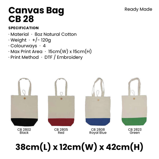 Canvas Bags - 8oz Cotton Canvas Tote with Button-Loop Closure | CB28 | Specification and colour range | Artiztee