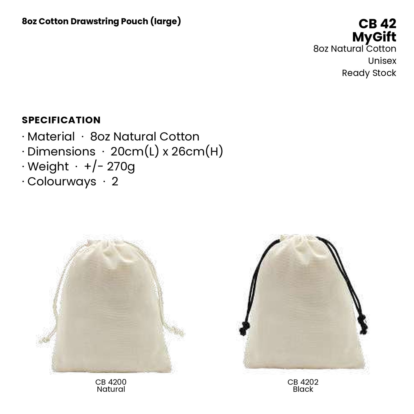 Canvas Bags - 8oz Cotton Drawstring Pouch (large) | CB42 | Specification and colour range | Artiztee