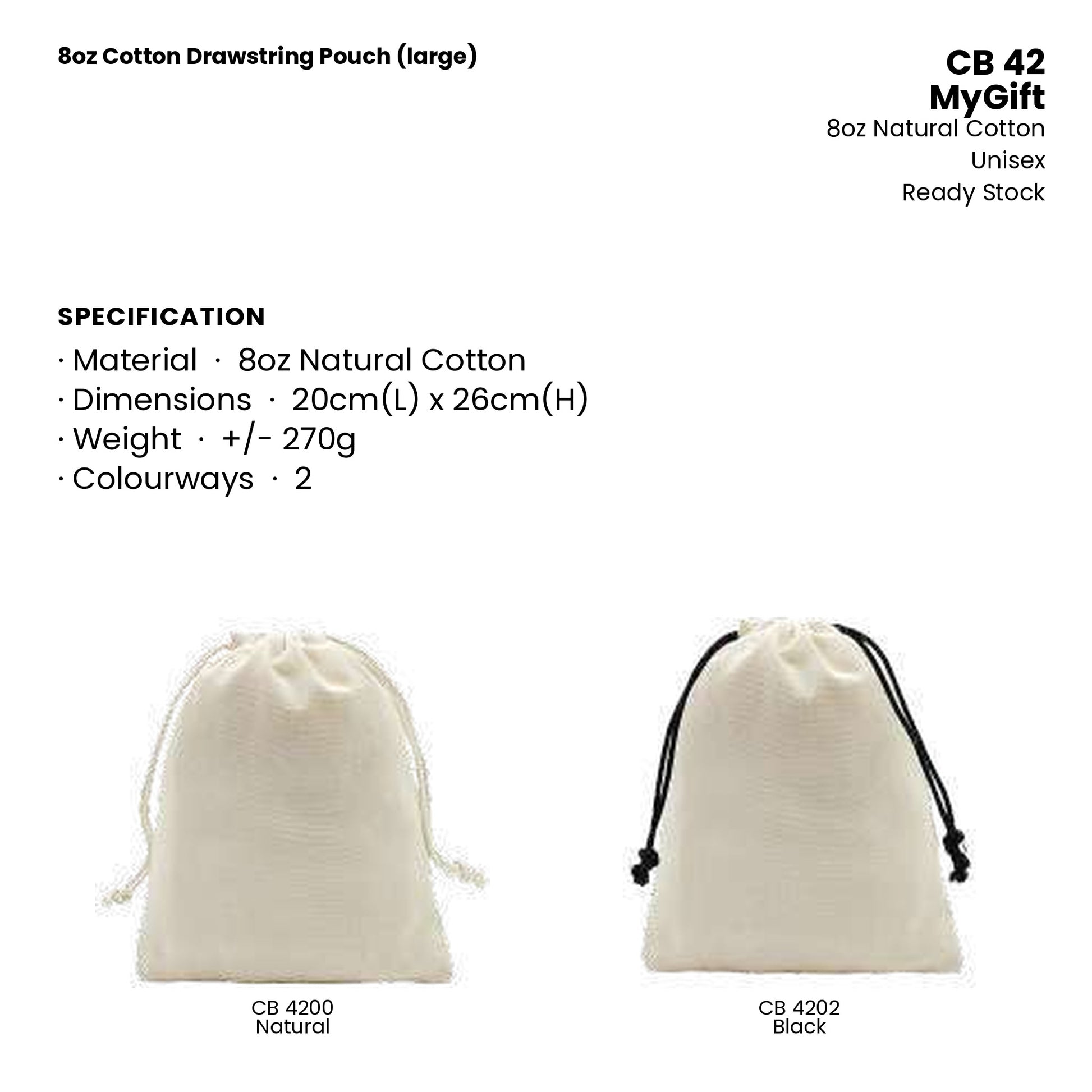 Canvas Bags - 8oz Cotton Drawstring Pouch (large) | CB42 | Specification and colour range | Artiztee