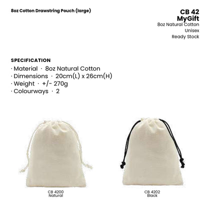 Canvas Bags - 8oz Cotton Drawstring Pouch (large) | CB42 | Specification and colour range | Artiztee