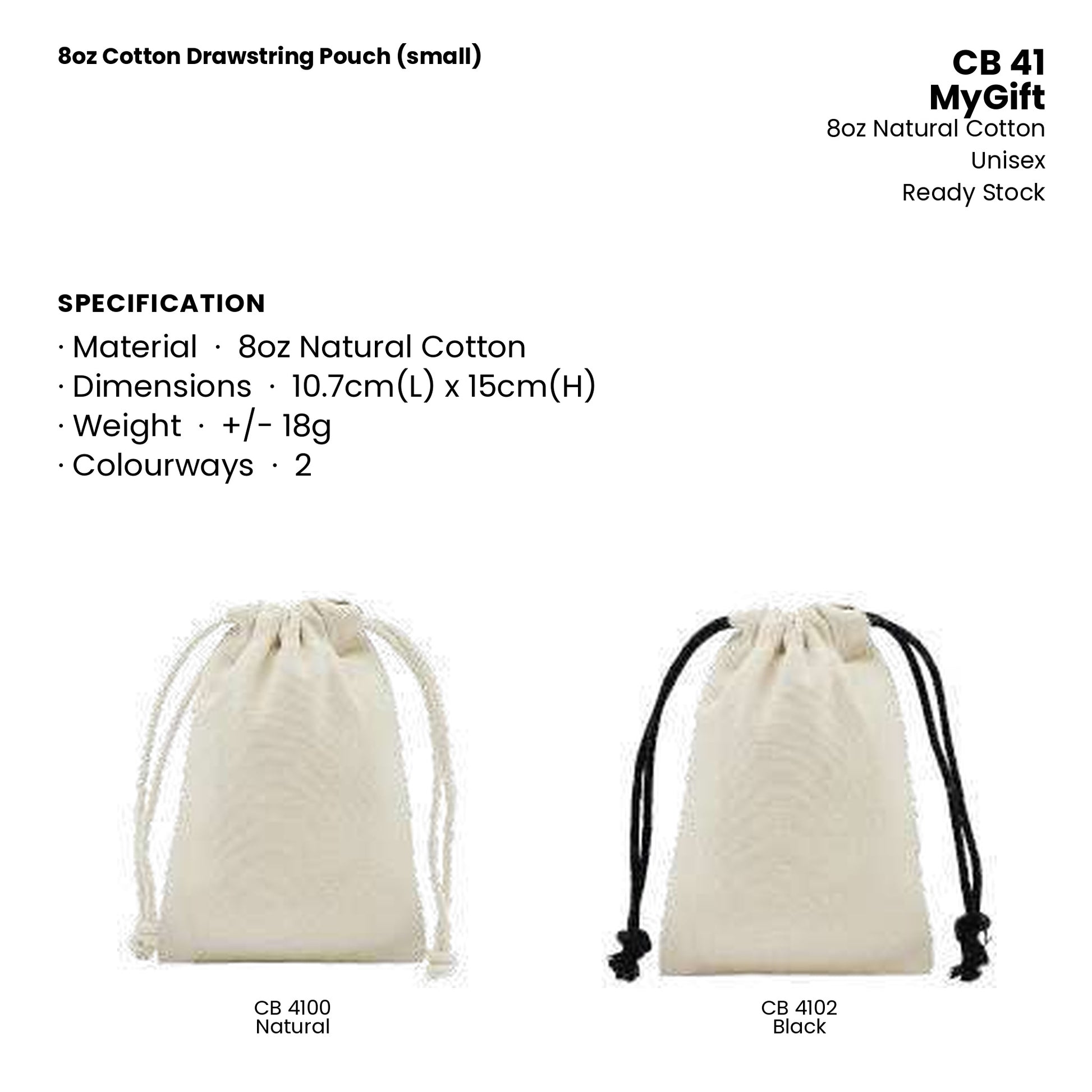 Canvas Bags - 8oz Cotton Drawstring Pouch (small) | CB41 | Specification and colour range | Artiztee