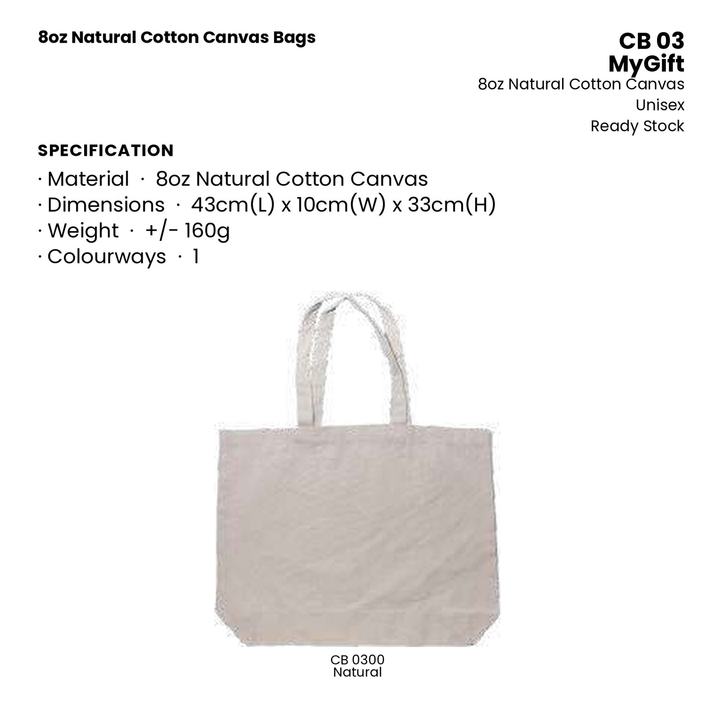 Canvas Bags - 8oz Natural Cotton Canvas Bags | CB03 | Specification and colour range | Artiztee