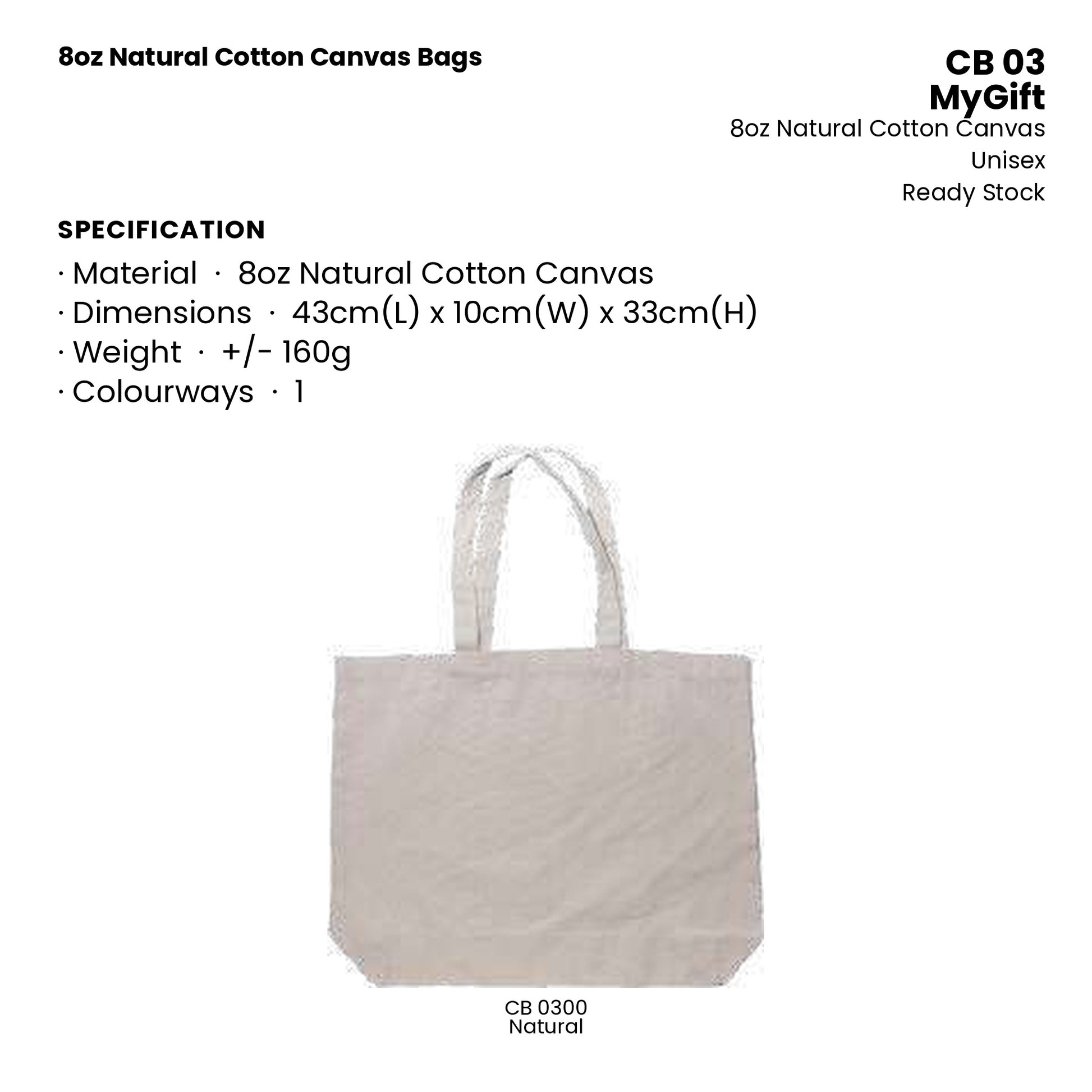 Canvas Bags - 8oz Natural Cotton Canvas Bags | CB03 | Specification and colour range | Artiztee