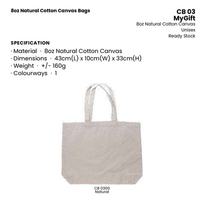 Canvas Bags - 8oz Natural Cotton Canvas Bags | CB03 | Specification and colour range | Artiztee