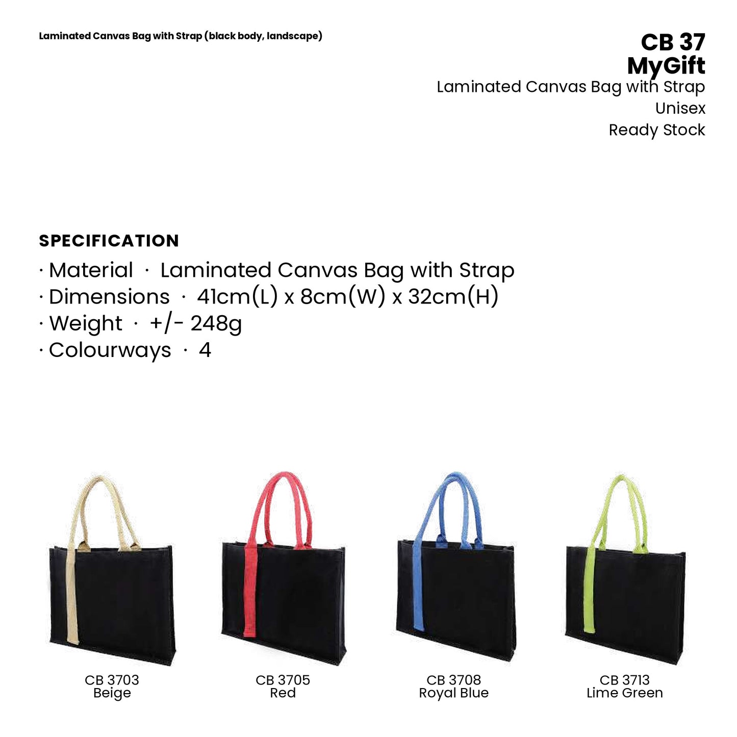 Canvas Bags - Laminated Canvas Bag with Strap (black body, landscape) | CB37 | Specification and colour range | Artiztee