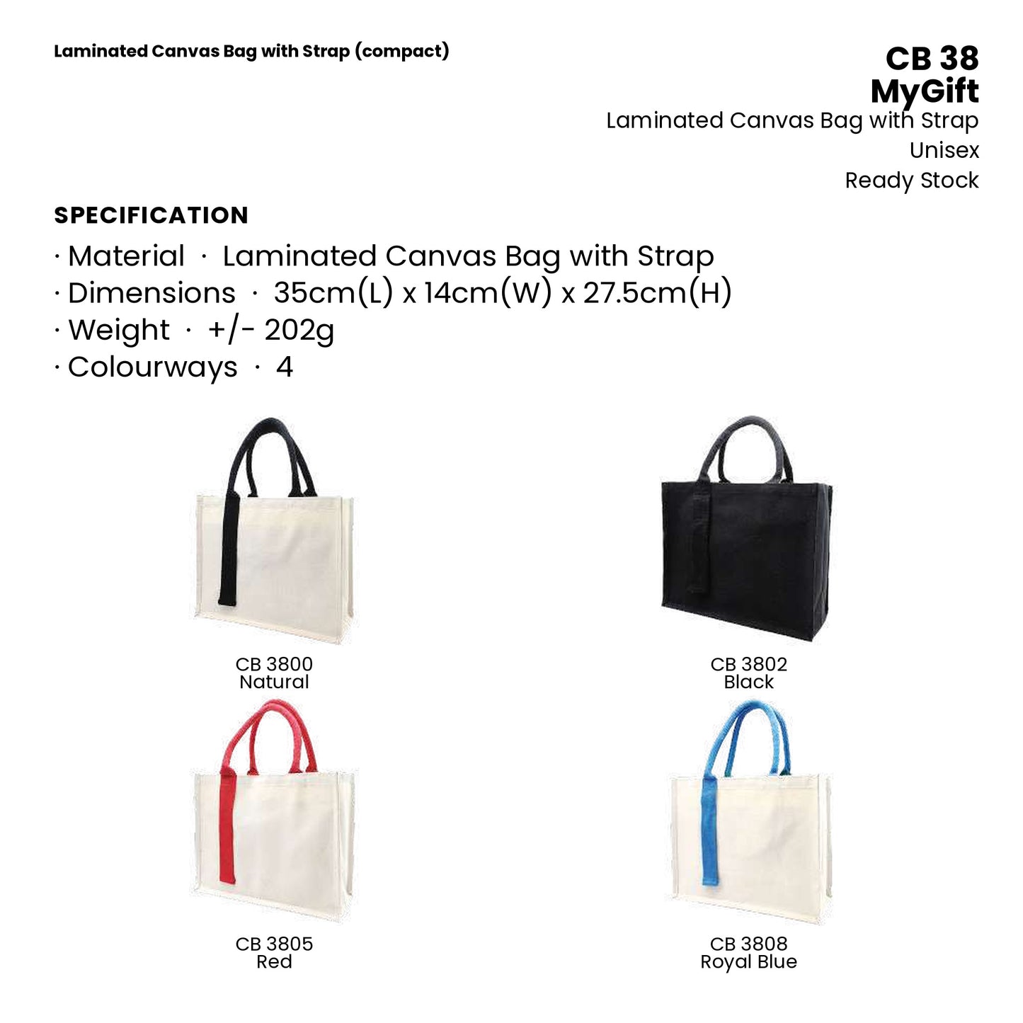 Canvas Bags - Laminated Canvas Bag with Strap (compact) | CB38 | Specification and colour range | Artiztee