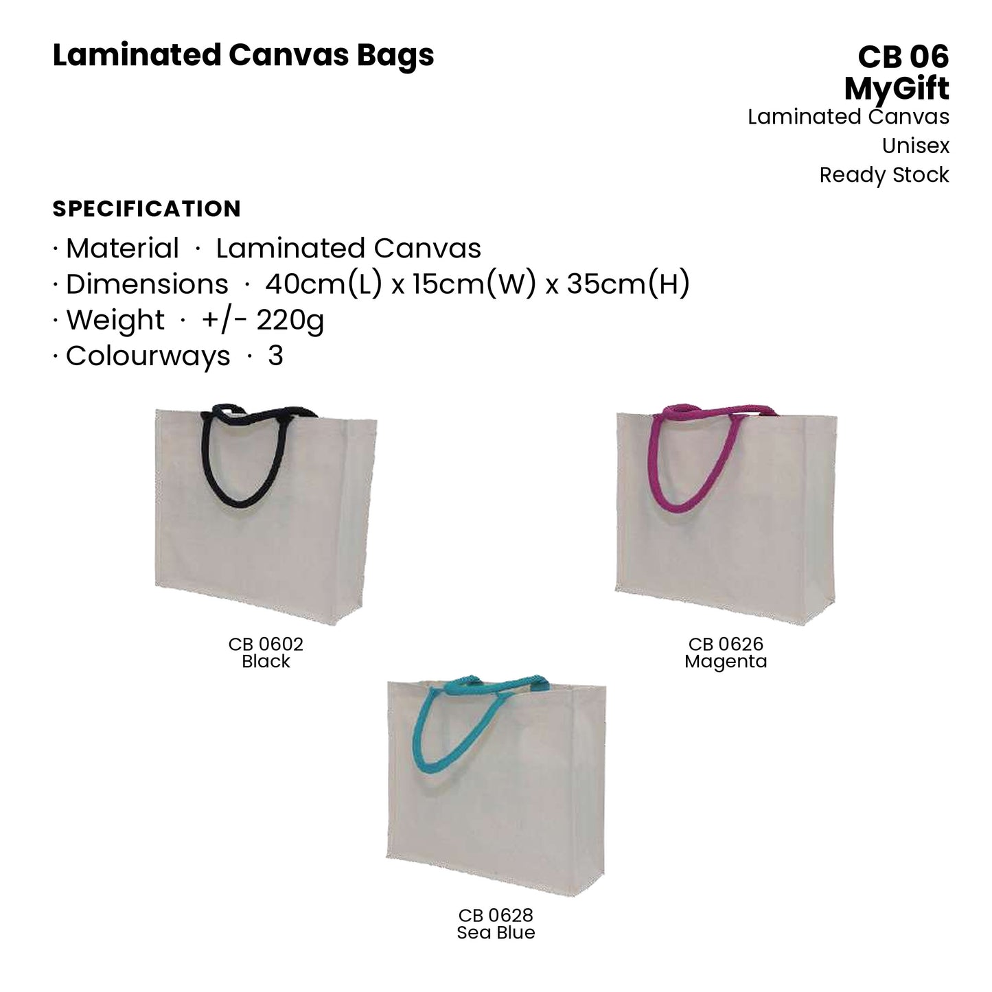 Canvas Bags - Laminated Canvas Bags | CB06 | Specification and colour range | Artiztee