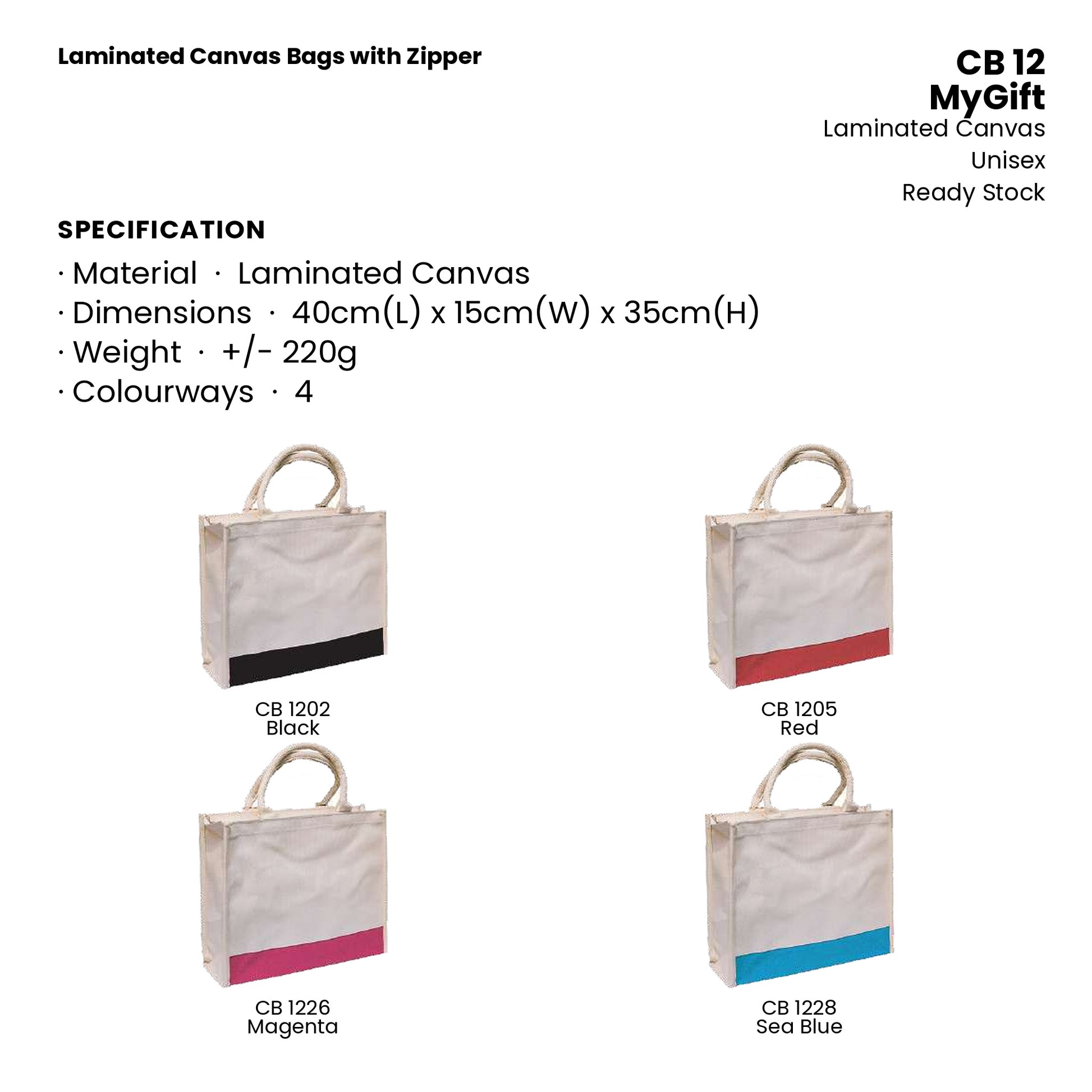 Canvas Bags - Laminated Canvas Bags with Zipper | CB12 | Specification and colour range | Artiztee