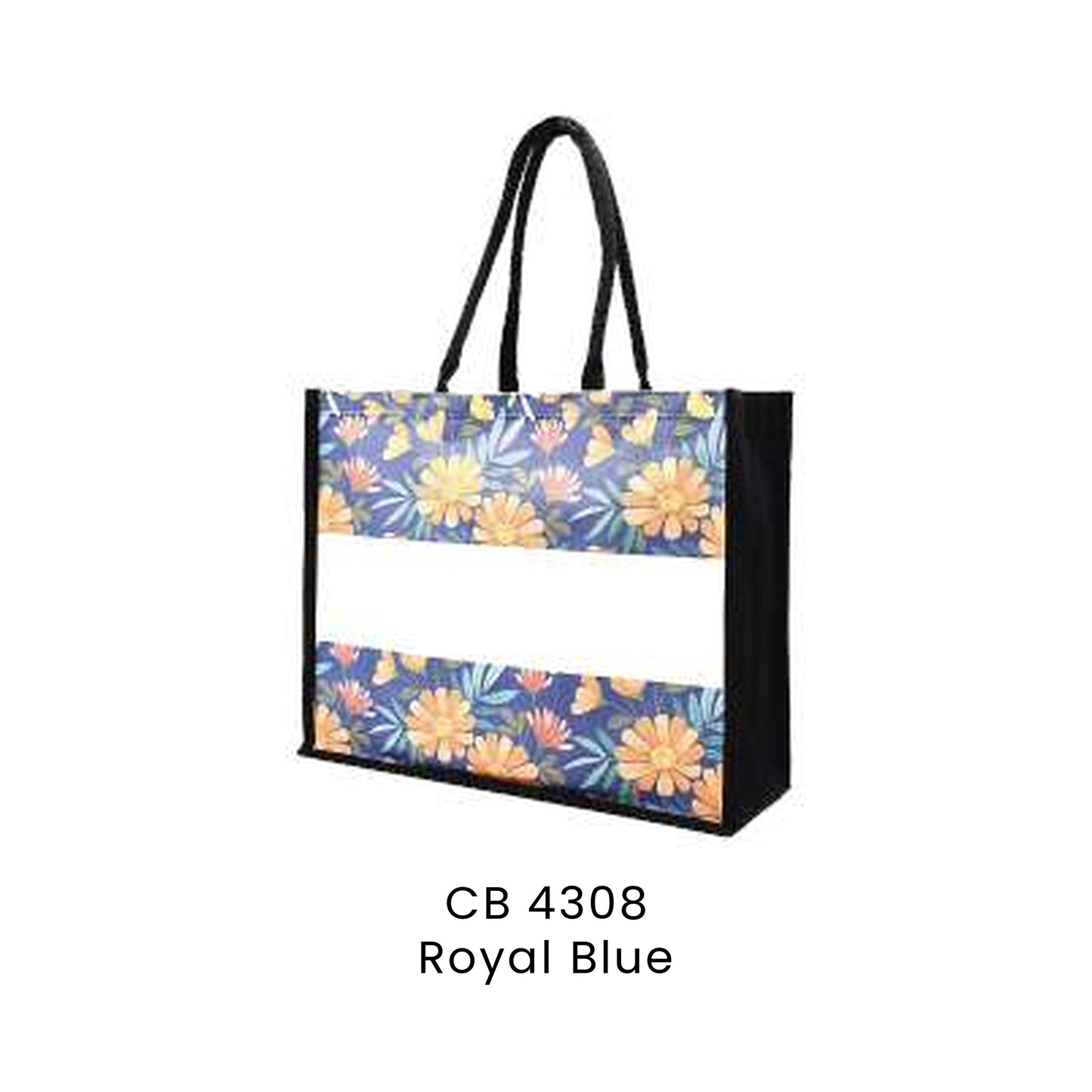 Canvas Bags - 10oz Laminated Canvas Floral-Print Tote (dark ground) | CB43 | Royal Blue | CB4308 | Artiztee