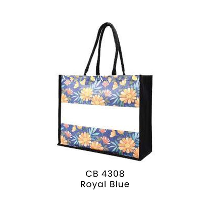 Canvas Bags - 10oz Laminated Canvas Floral-Print Tote (dark ground) | CB43 | Royal Blue | CB4308 | Artiztee