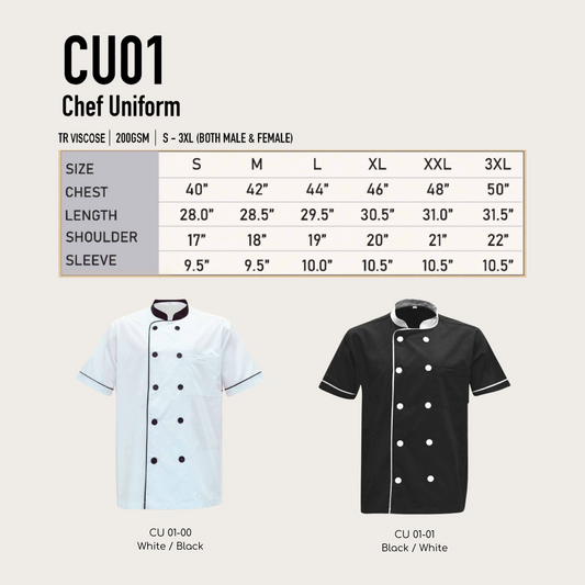 Artiztee Chef Uniform Size Chart