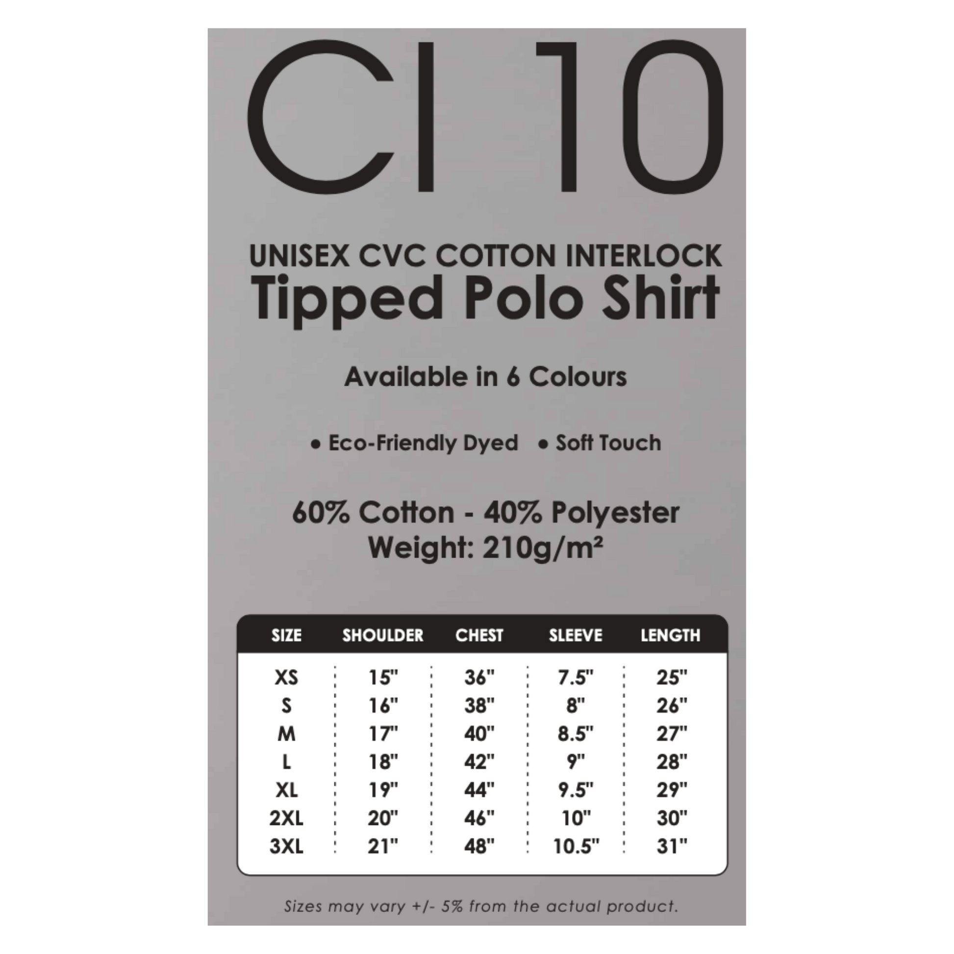 Polo | CVC Cotton Interlock | Tipped | Unisex | 210gsm | Size Chart | CI10