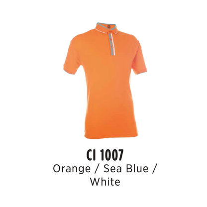 Polo | CVC Cotton Interlock | Tipped | Unisex | 210gsm | Orange/Sea Blue/White | CI1007