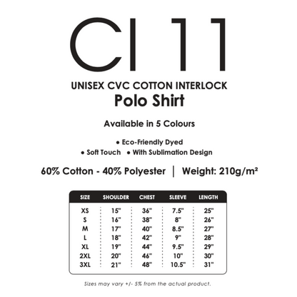 Polo | CVC Cotton Interlock | Unisex | 210gsm | Size Chart | CI11