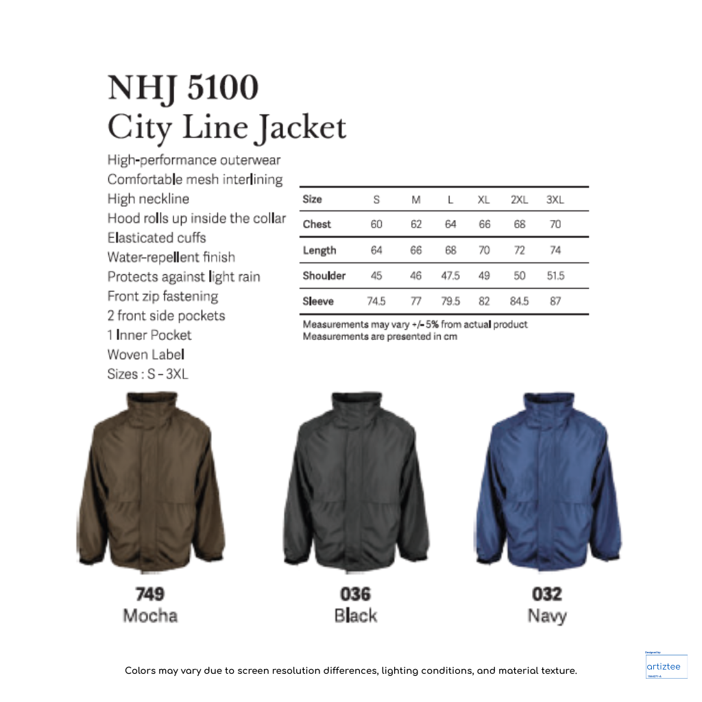 City Line Jacket Unisex 150gsm NHJ5100 Artiztee Collection Size Chart