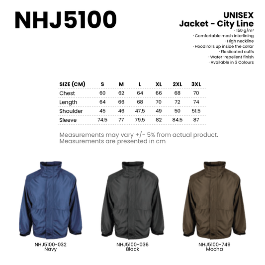 Jacket - City Line | Unisex | 150gsm | NHJ5100 | Artiztee | Collection | Size Chart
