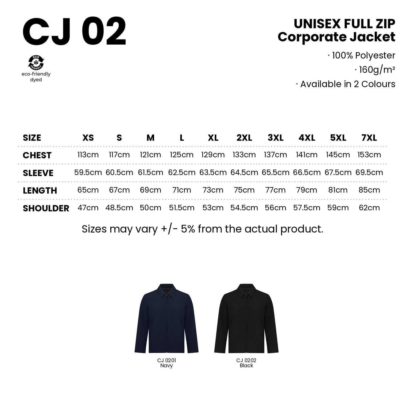 CJ02 size chart from XS to 7XL with measurements