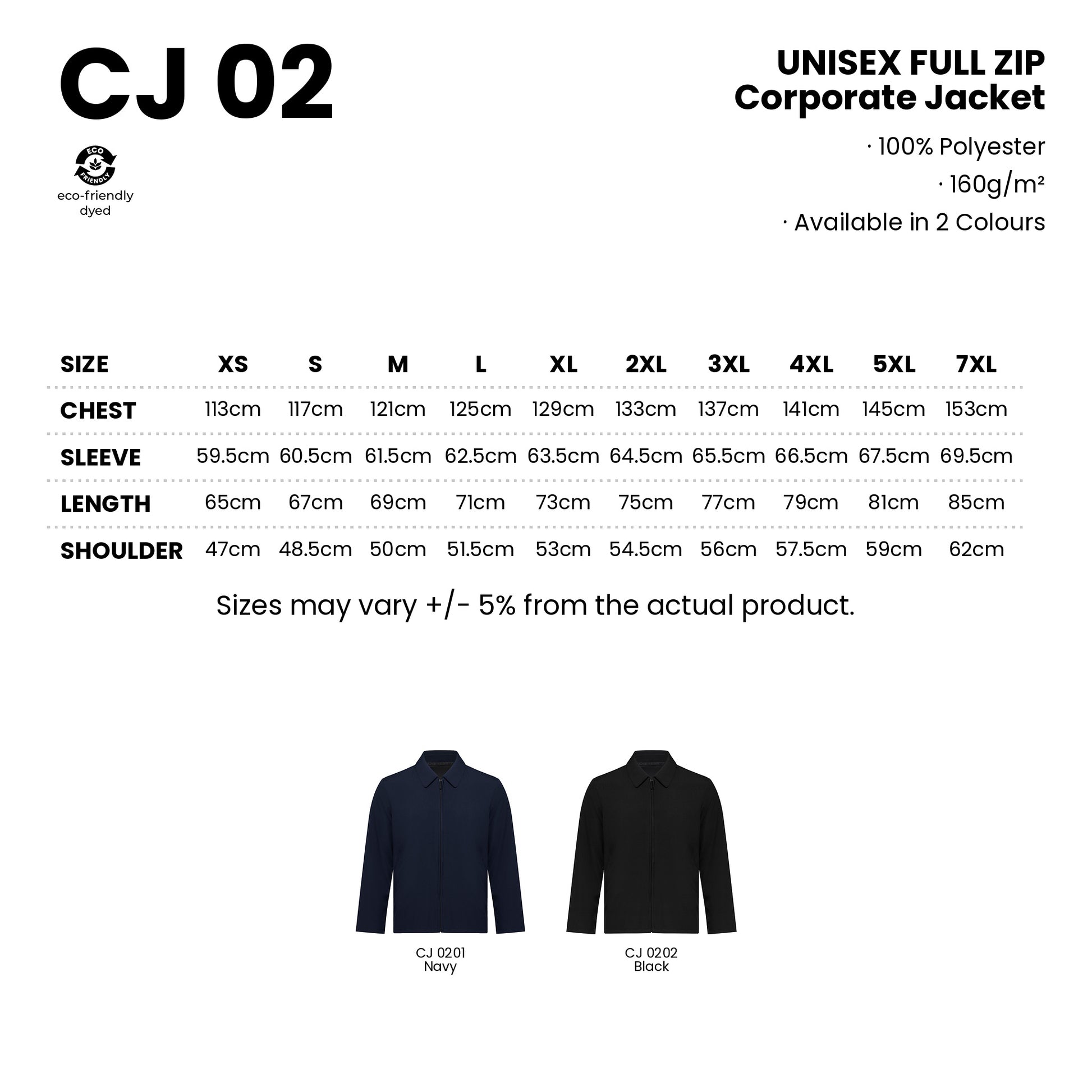 CJ02 size chart from XS to 7XL with measurements