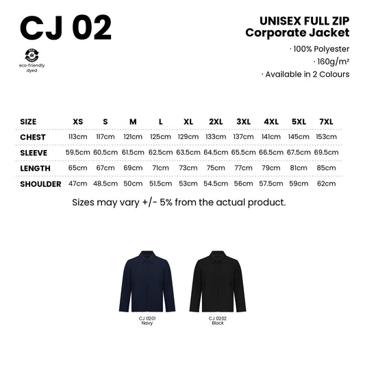 CJ02 size chart from XS to 7XL with measurements