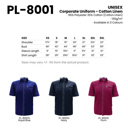 PL-8001 size chart and all 3 colourways with codes and names