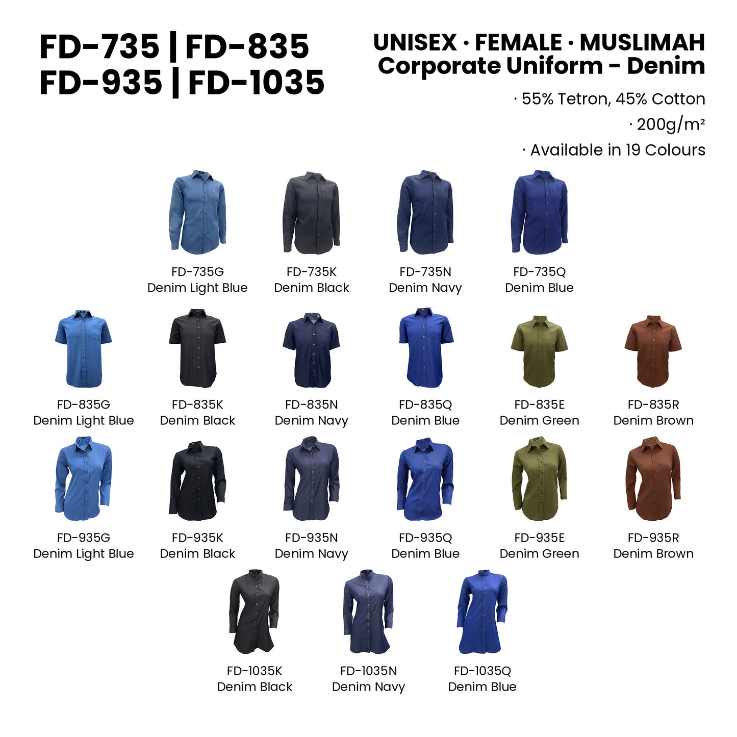 FD-735 | FD-835 | FD-935 | FD-1035 — all 19 colourways with codes and names