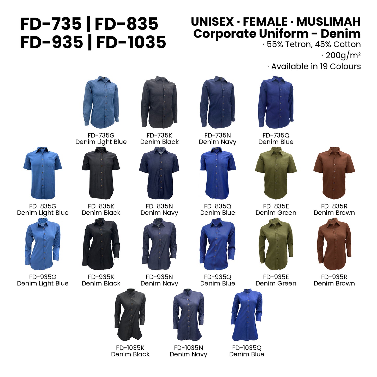 FD-735 | FD-835 | FD-935 | FD-1035 — all 19 colourways with codes and names