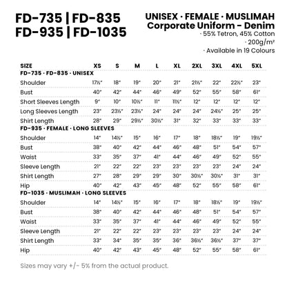 FD-735 | FD-835 | FD-935 | FD-1035 size chart — measurements in inches for every cut