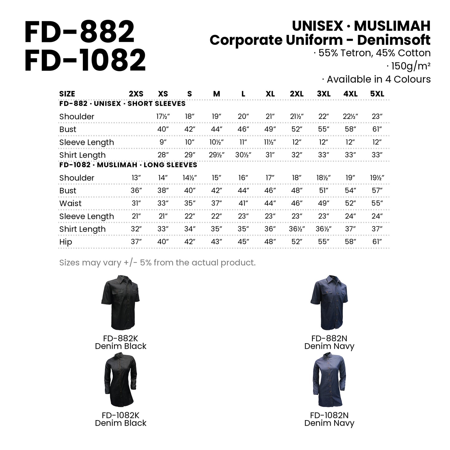 FD-882 | FD-1082 size chart and all 4 colourways with codes and names
