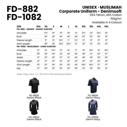 FD-882 | FD-1082 size chart and all 4 colourways with codes and names