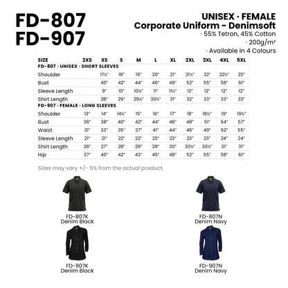 FD-807 | FD-907 size chart and all 4 colourways with codes and names