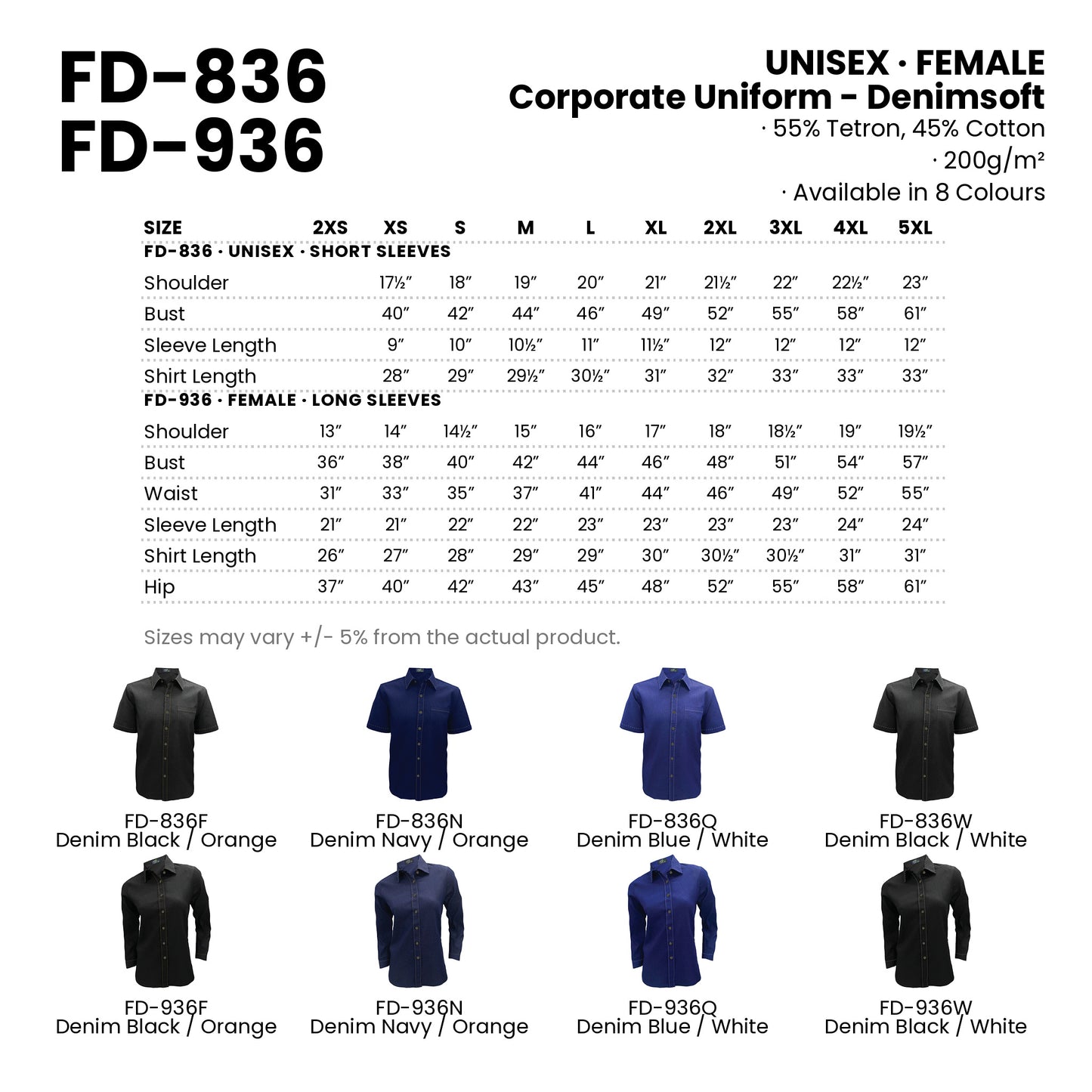 FD-836 | FD-936 size chart and all 8 colourways with codes and names