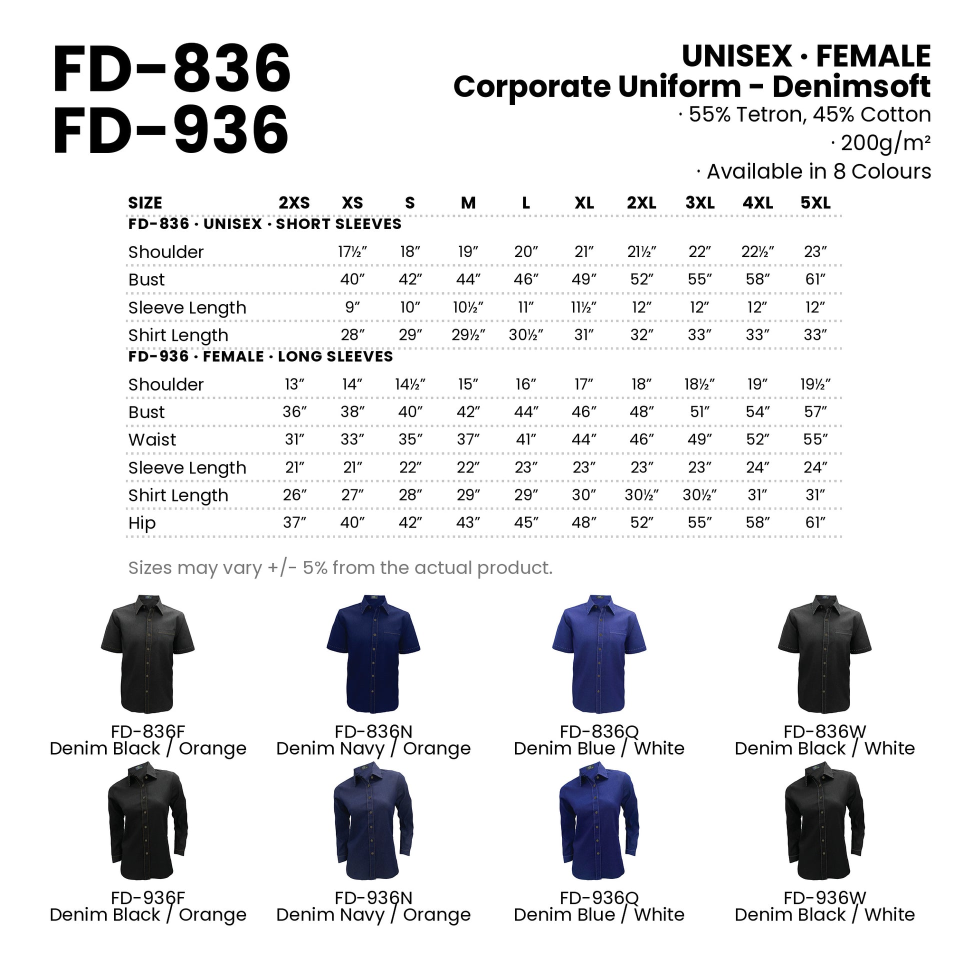 FD-836 | FD-936 size chart and all 8 colourways with codes and names