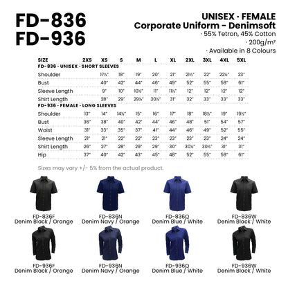 FD-836 | FD-936 size chart and all 8 colourways with codes and names