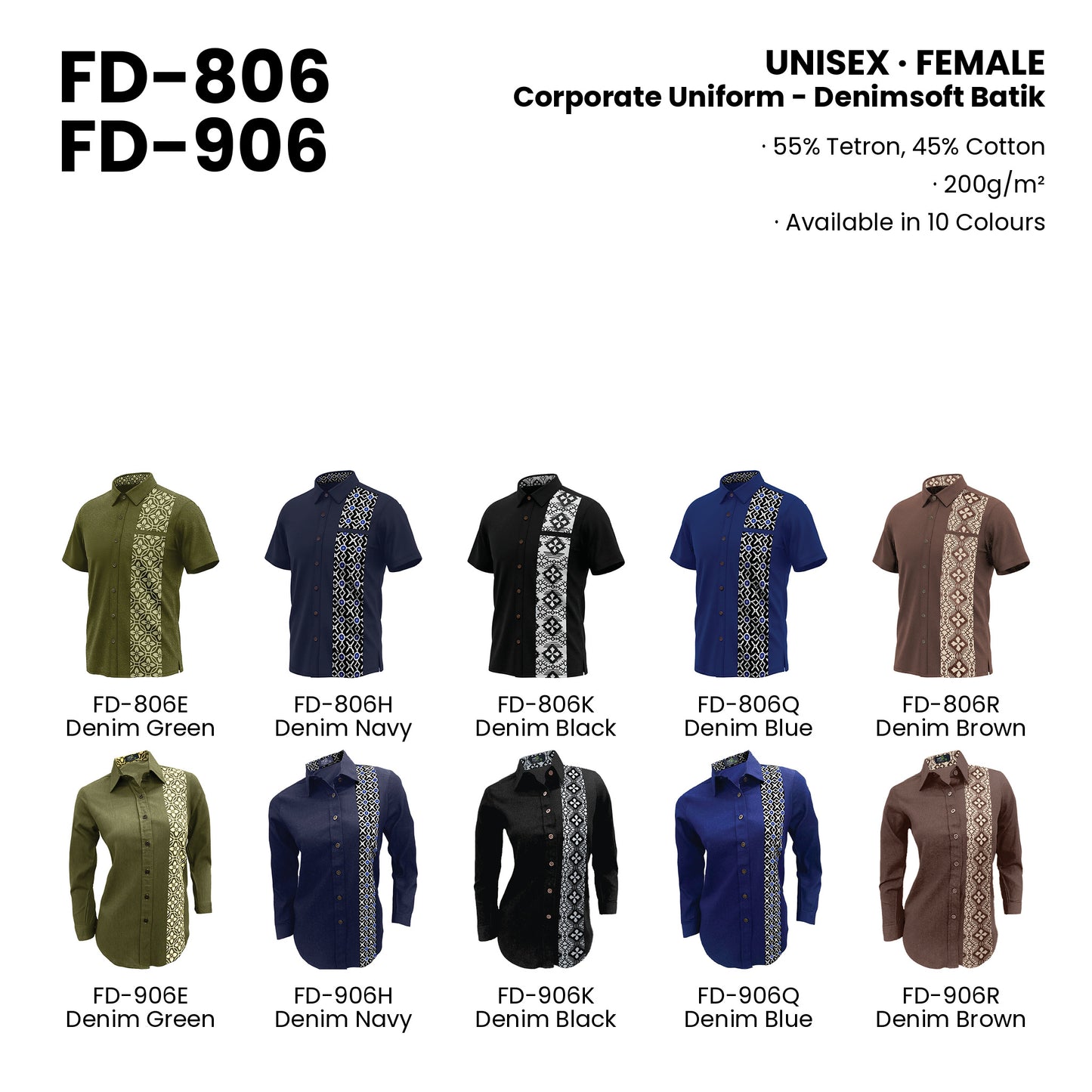 FD-806 | FD-906 — all 10 colourways with codes and names