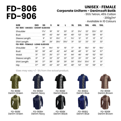 FD-806 | FD-906 size chart and all 10 colourways with codes and names