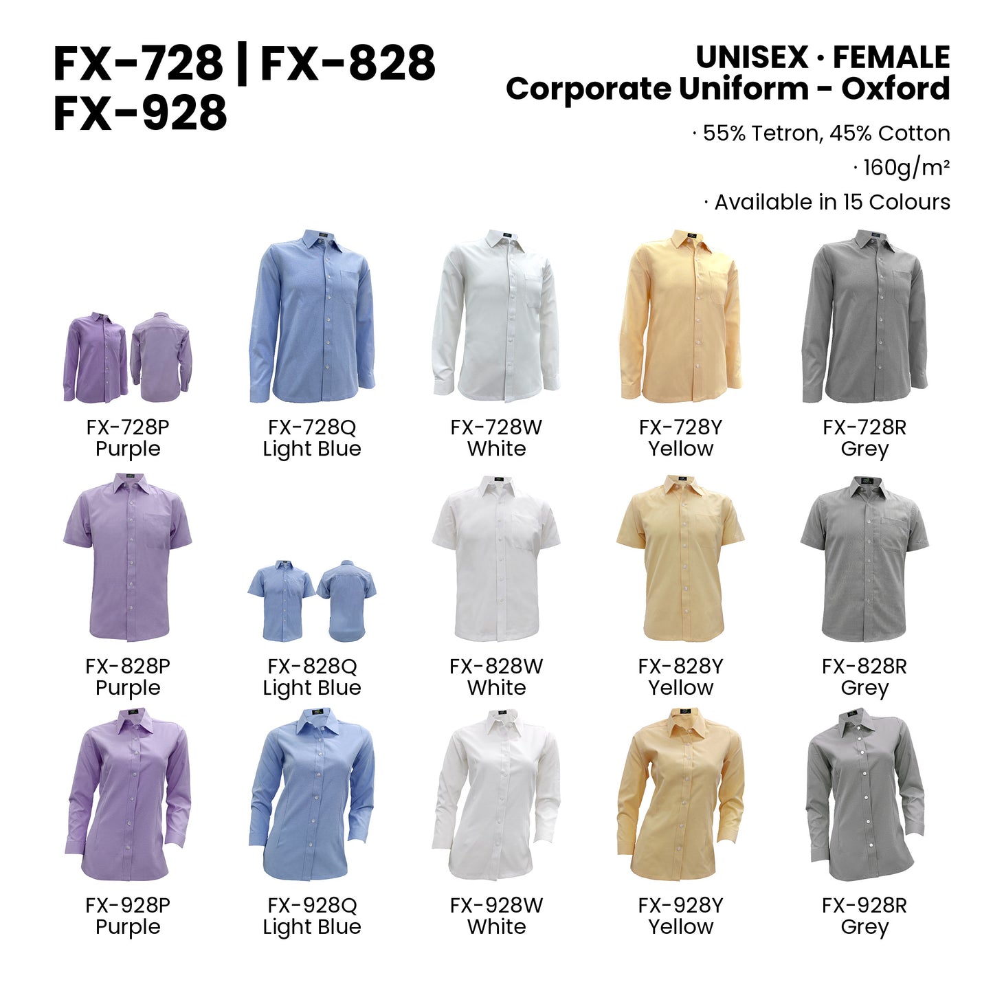 FX-728 | FX-828 | FX-928 — all 15 colourways with codes and names