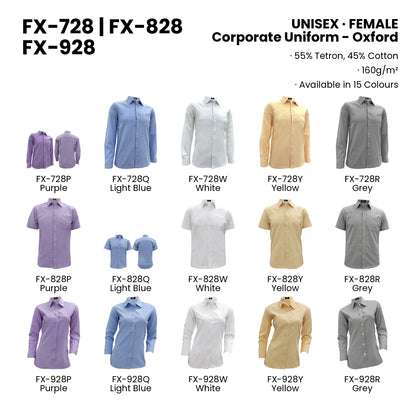 FX-728 | FX-828 | FX-928 — all 15 colourways with codes and names